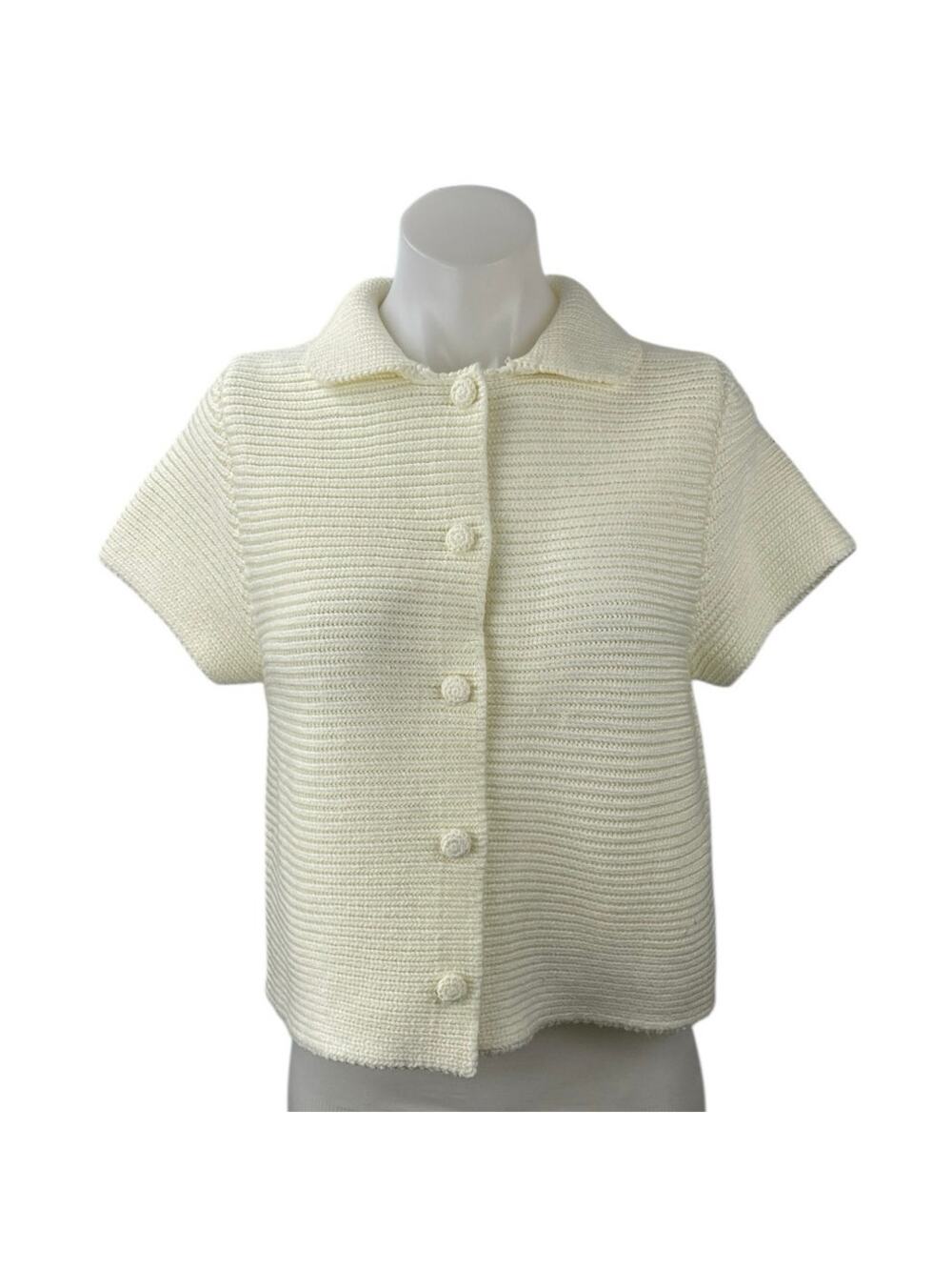 Zara Cream White Rib Knit Collar Short Sleeve Button Up Polo Sweater Top Size M